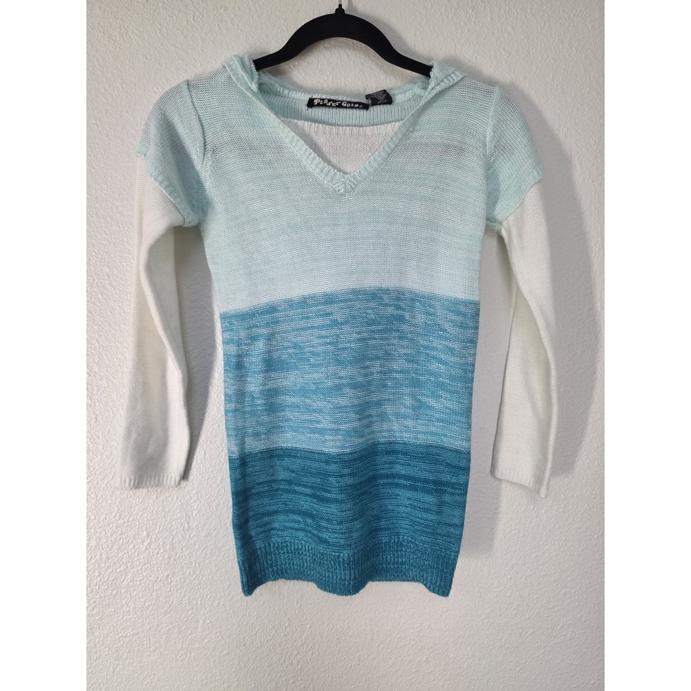 NWT Planet Gold Girls Sweater M 10/12 Aqua Blue White Ombre Hooded Pullover